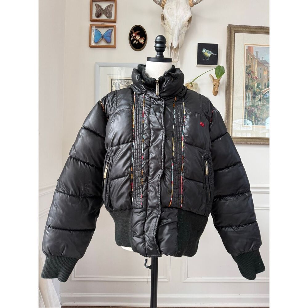 Vintage Y2K Does 70s Ecko Red Glossy Black Puffer Coat Wide Knit Waist 2X